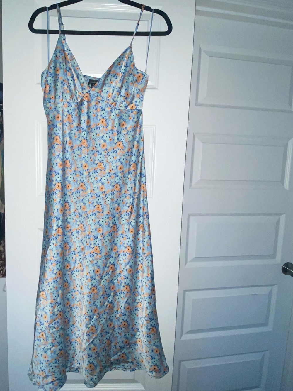 OAK Satin Floral Maxi Slip Dress - Light Blue & Orange